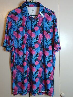 1764 Golf Polo Shirt Men's Large Blue Floral Pineapples (0832E23)